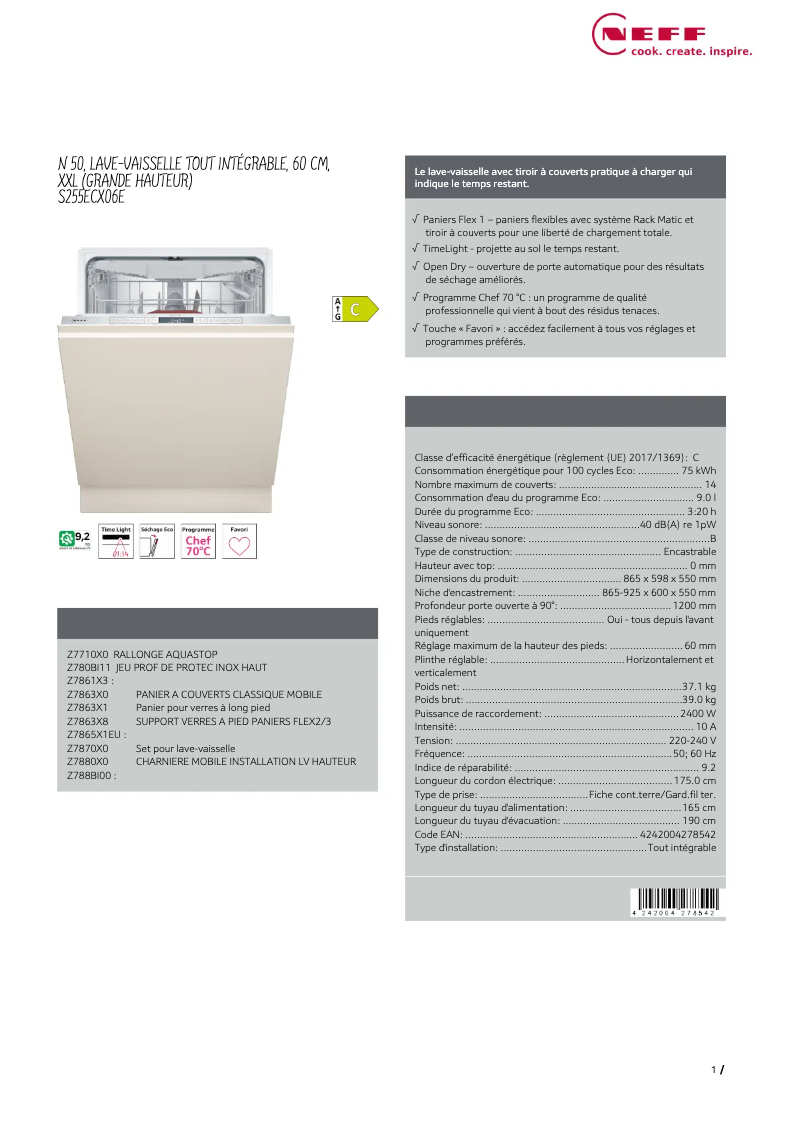 Page n°1 - Fiche technique Neff S255ECX06E