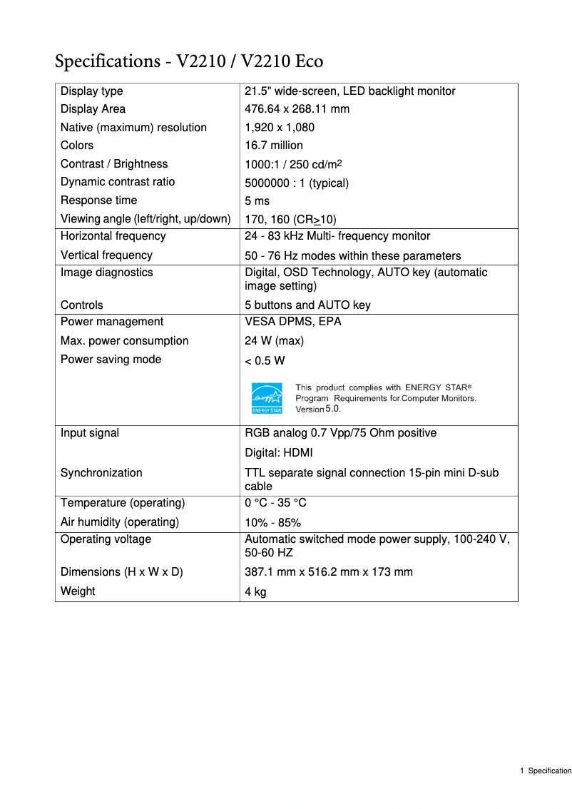Page n°1 - Fiche technique BenQ V2210