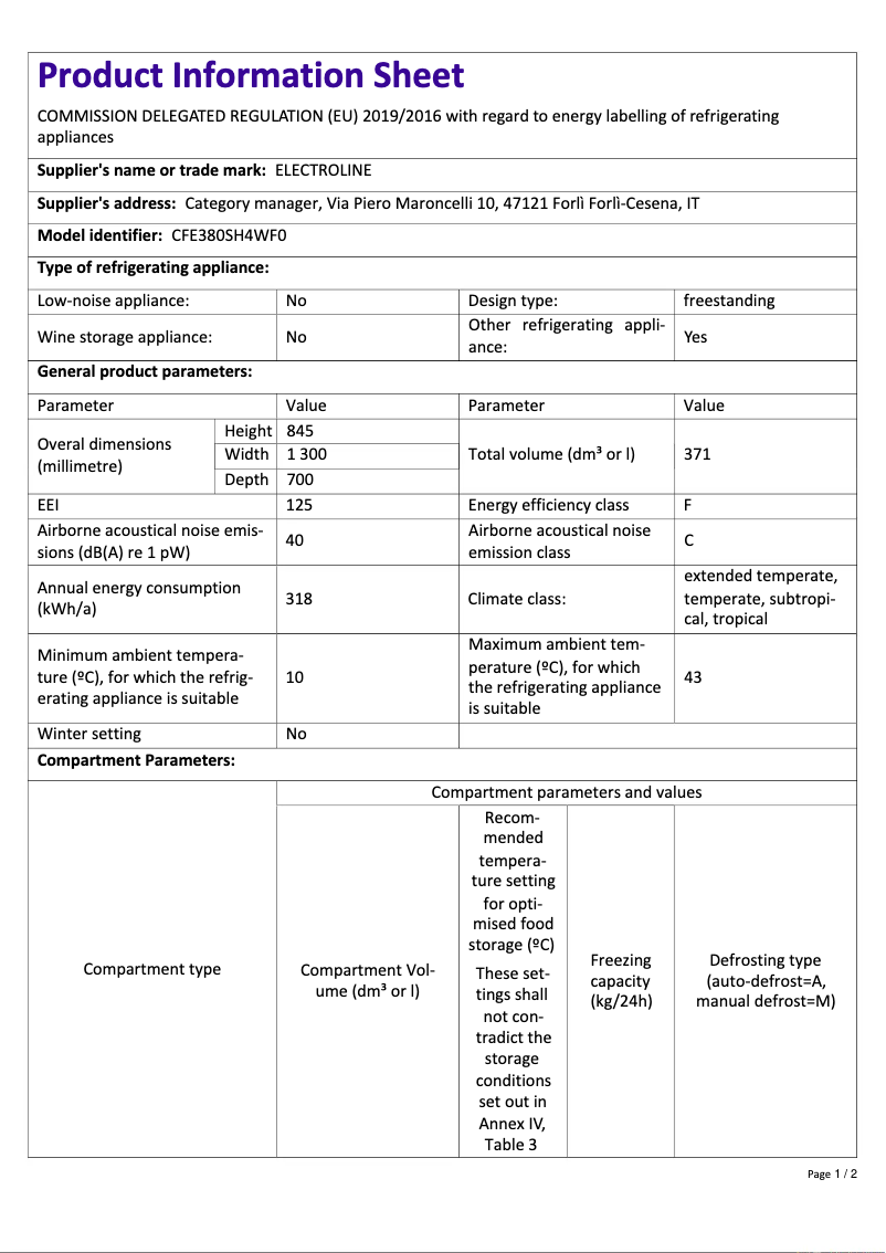 Page n°1 - Manuel utilisateur Electroline CFE380SH4WF0