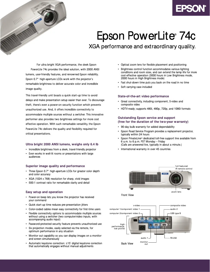 Page 1 de la notice Brochure Epson PowerLite 74c