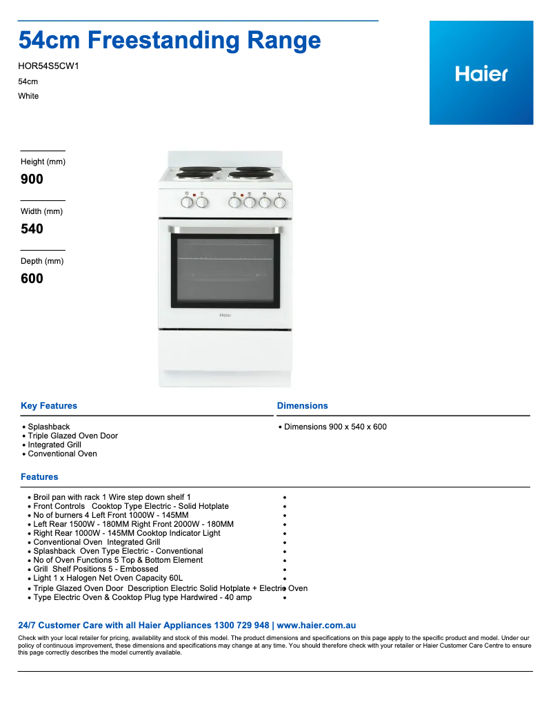 Page 1 de la notice Fiche technique Haier HOR54S5CW1