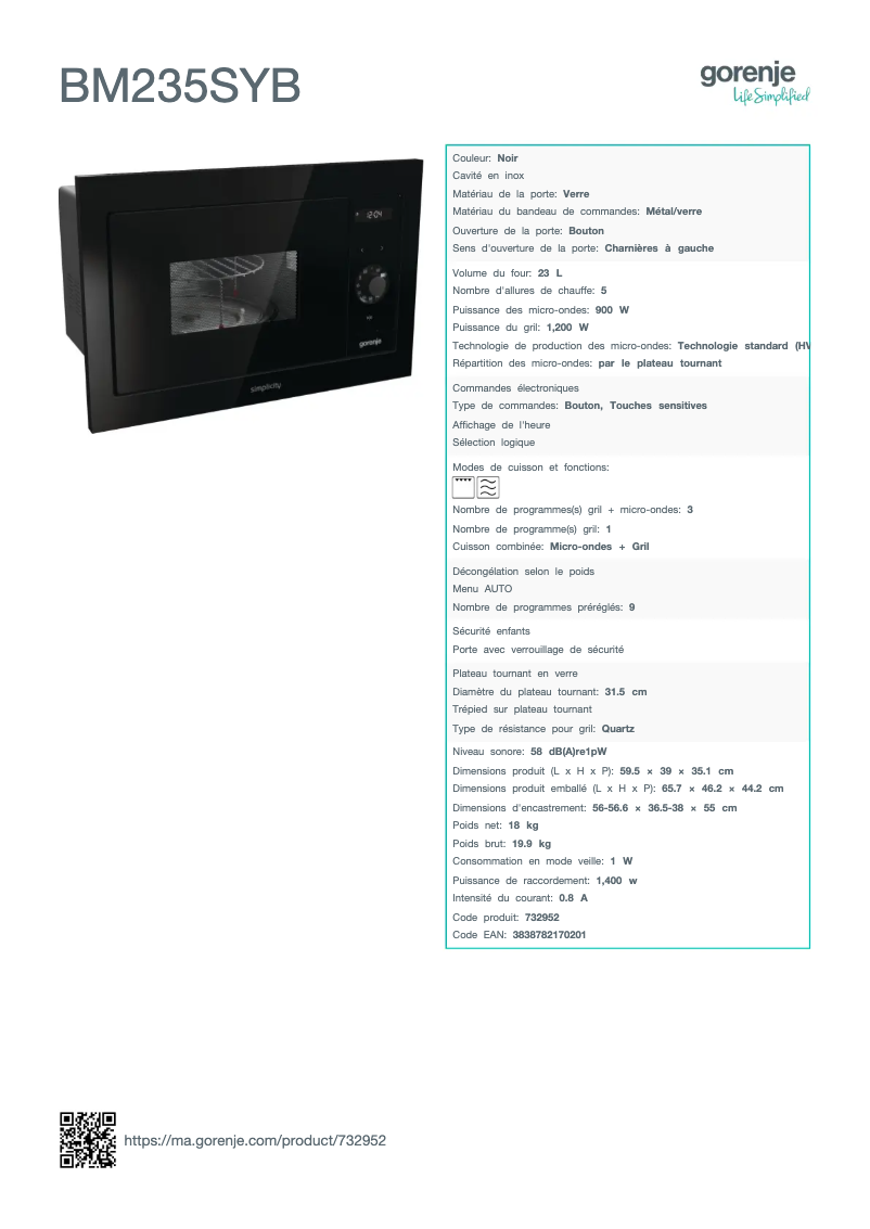 Page 1 de la notice Fiche technique Gorenje BM235SYB