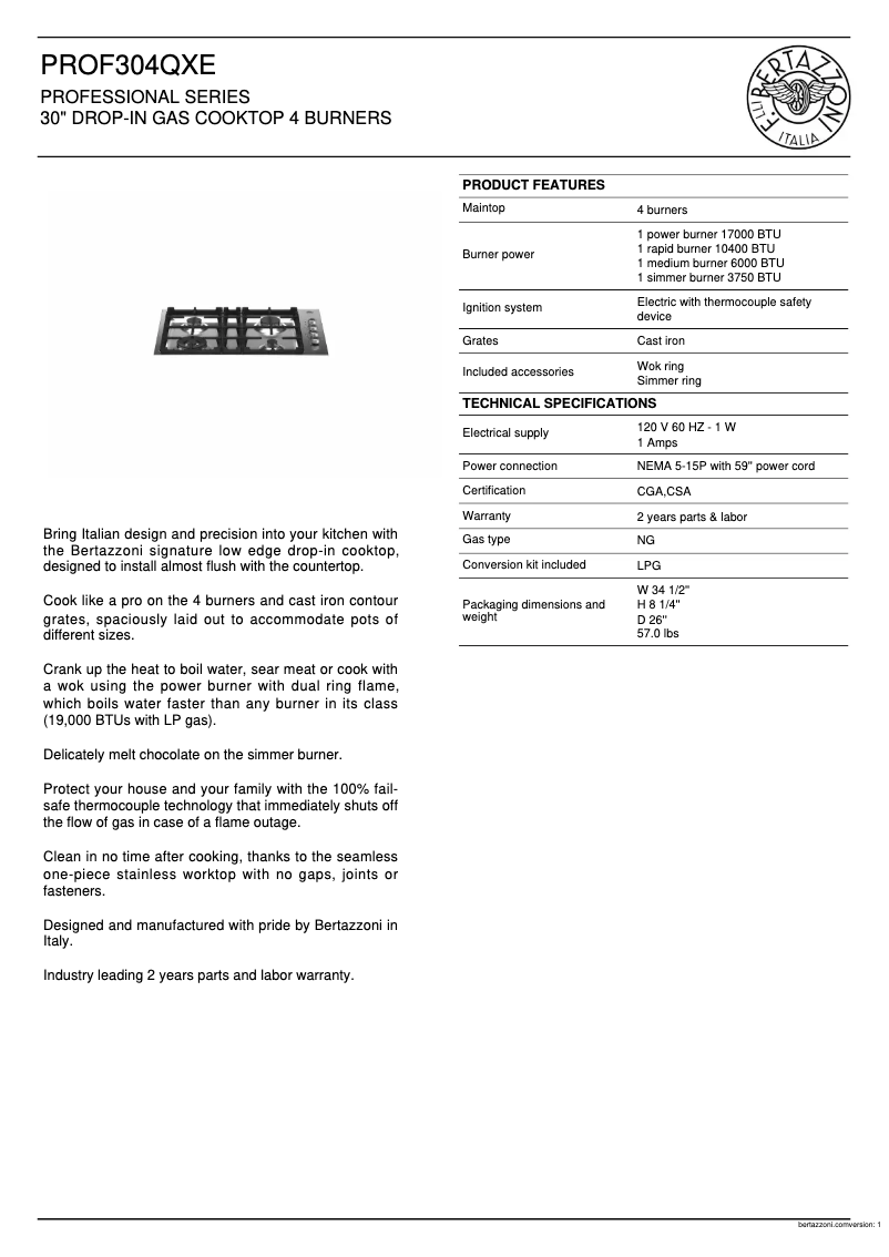 Page 1 de la notice Fiche technique Bertazzoni PROF304QXE