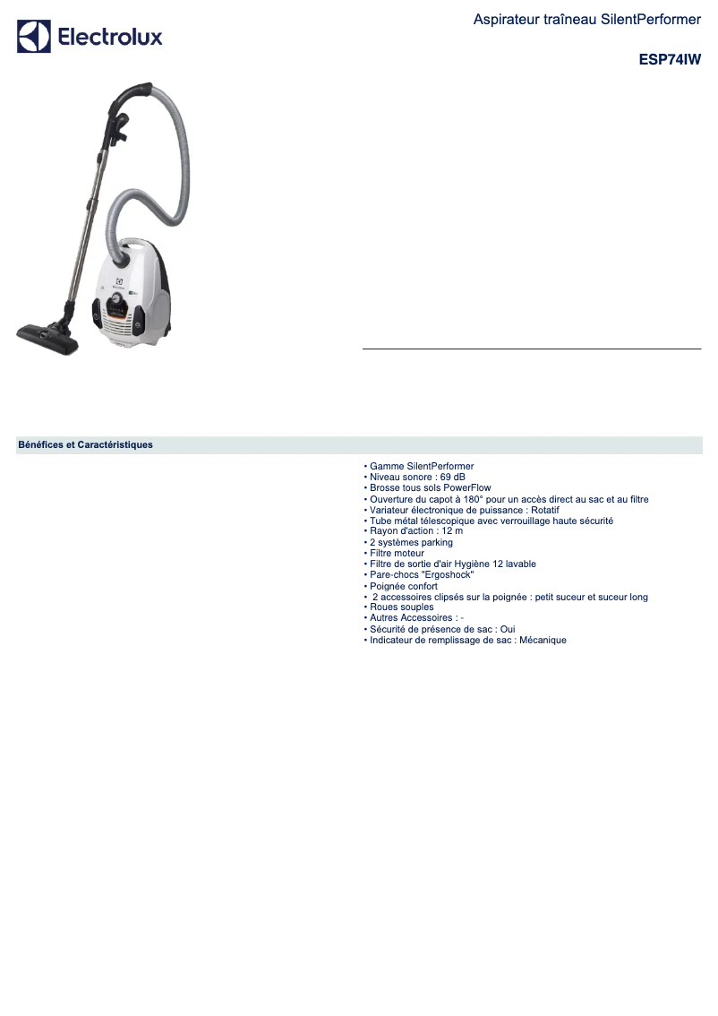 Page 1 de la notice Fiche technique Electrolux SilentPerformer ESP74IW