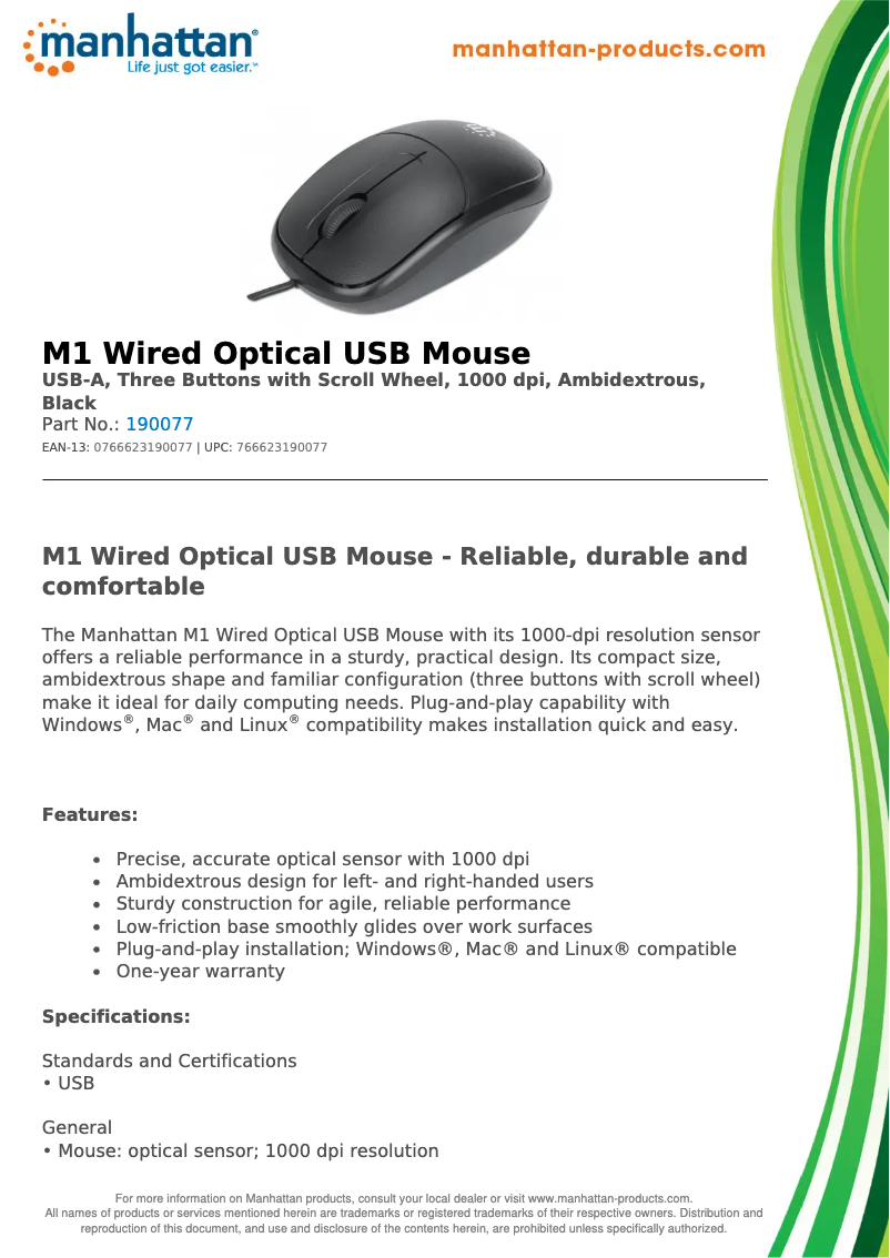 Page 1 de la notice Fiche technique Manhattan 190077