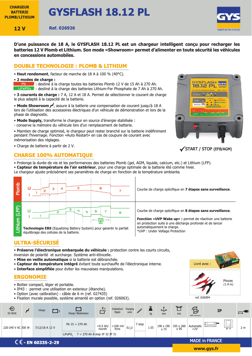 Page 1 de la notice Fiche technique GYS Gyslash 18.12 PL