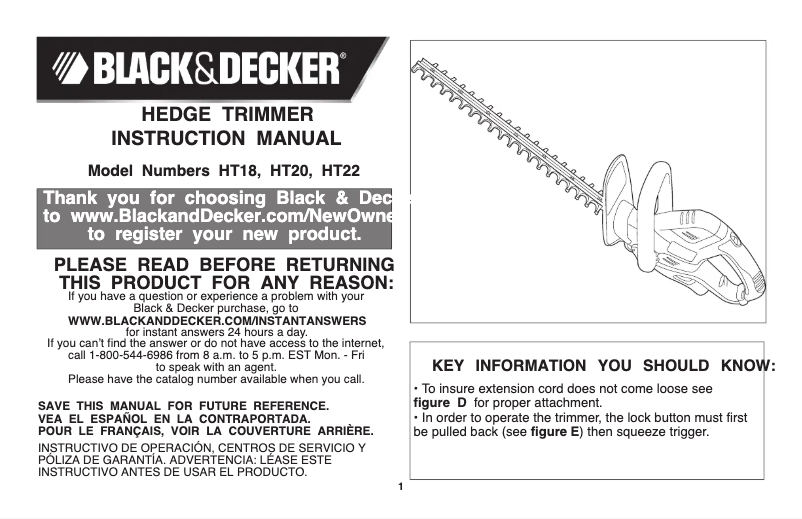 Page n°1 - Manuel utilisateur Black & Decker HT20