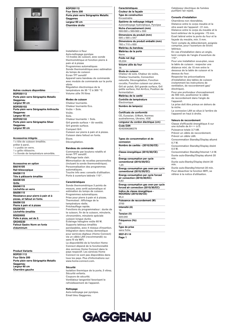 Page 1 de la notice Fiche technique Gaggenau BOP250112