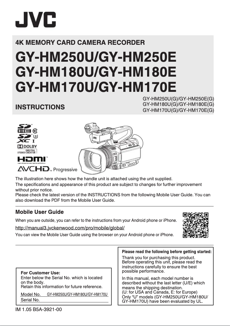 Image de la première page du manuel de l'appareil GY-HM250E