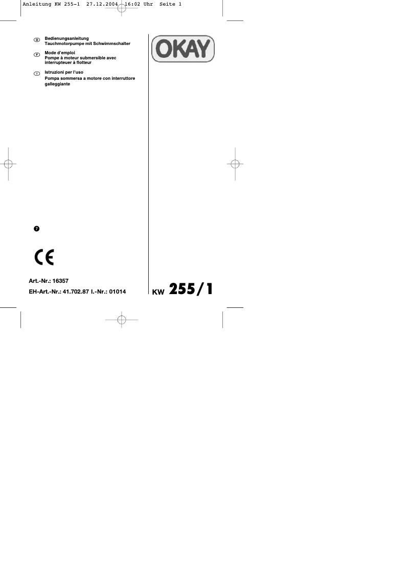 Page 1 de la notice Manuel utilisateur OKAY KW 255/1