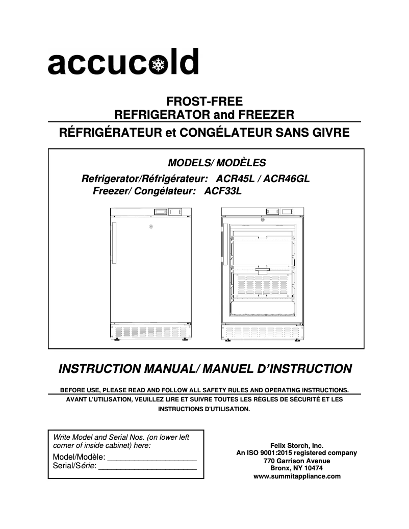 Page 1 de la notice Manuel d'utilisation et d'entretien Accucold ACR45L