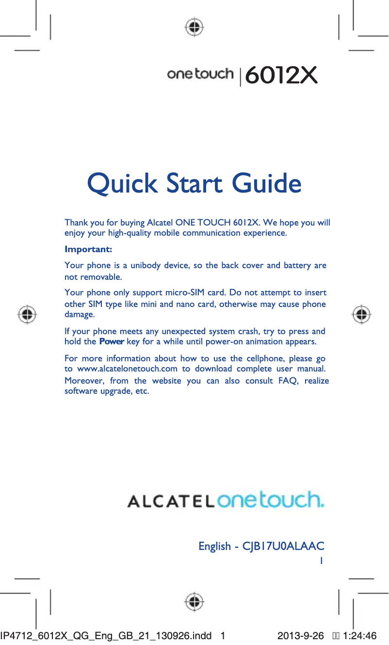 Page 1 de la notice Guide de démarrage rapide Alcatel One Touch 6012X