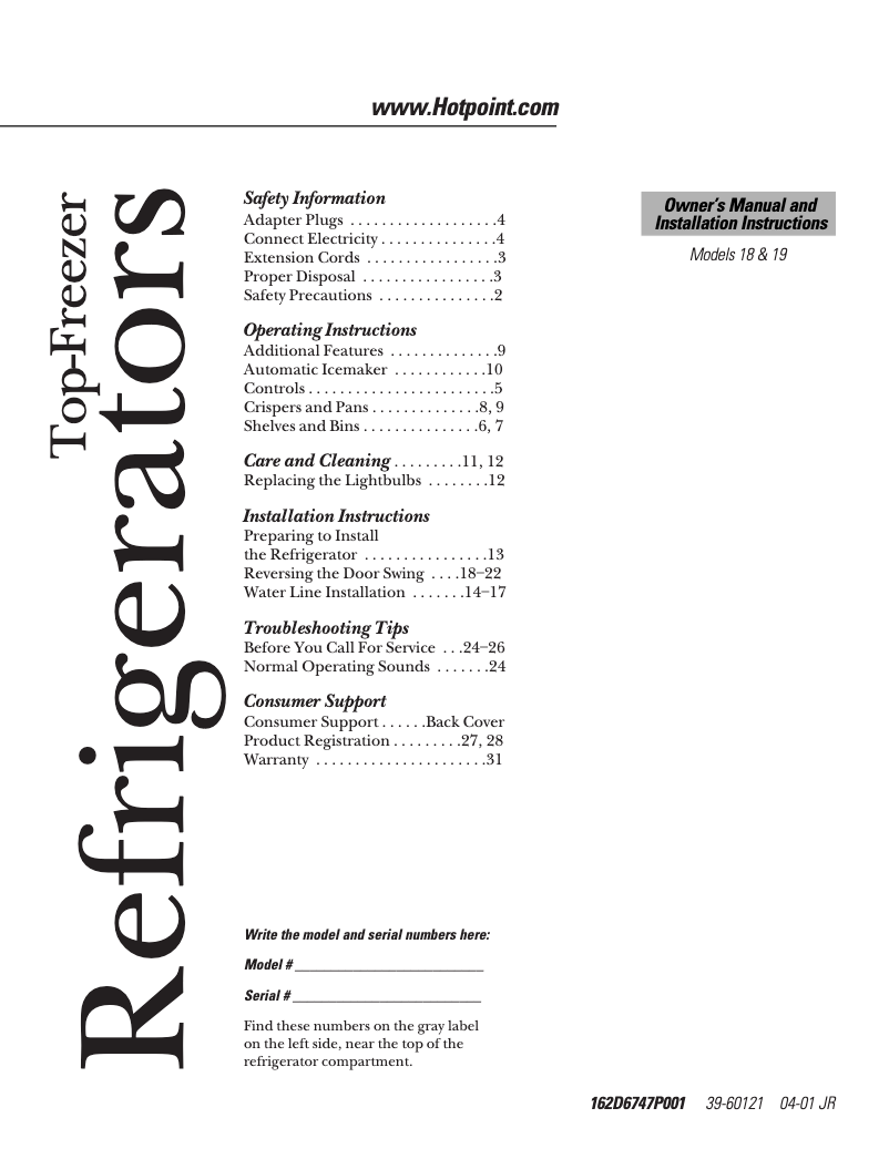 Page n°1 - Manuel d'utilisation et d'entretien Hotpoint HTS18BCMRWW