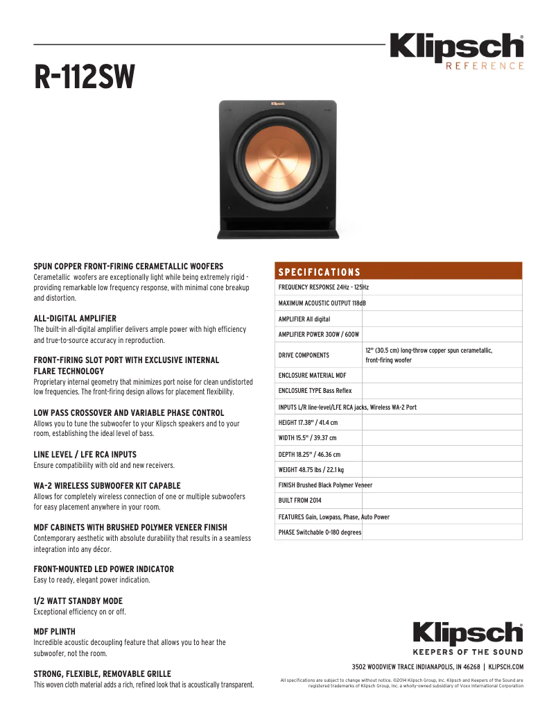 Página 1 del manual Ficha técnica Klipsch R-112SW