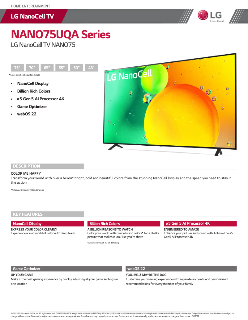 Page n°1 - Fiche technique LG 65NANO75UQA