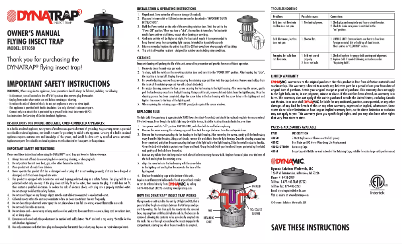 Page n°1 - Manuel utilisateur Dynatrap DT1050