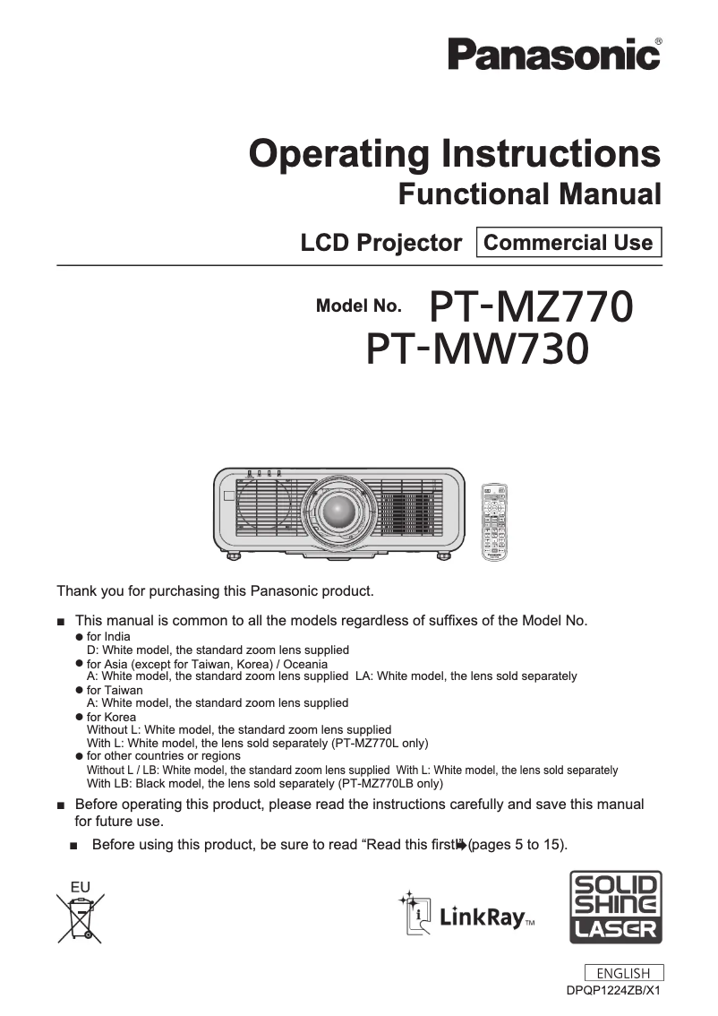 Page n°1 - Manuel utilisateur Panasonic PT-MW730L