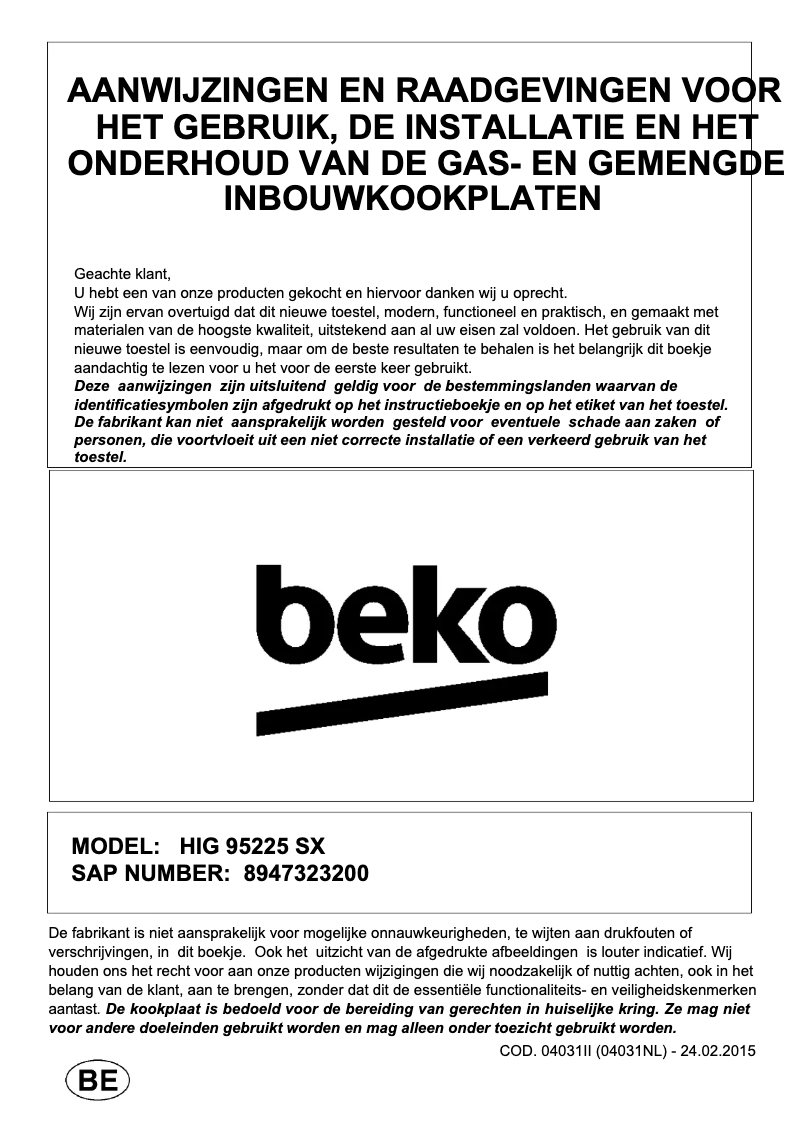 Page 1 de la notice Manuel utilisateur Beko HIG 95225 SX