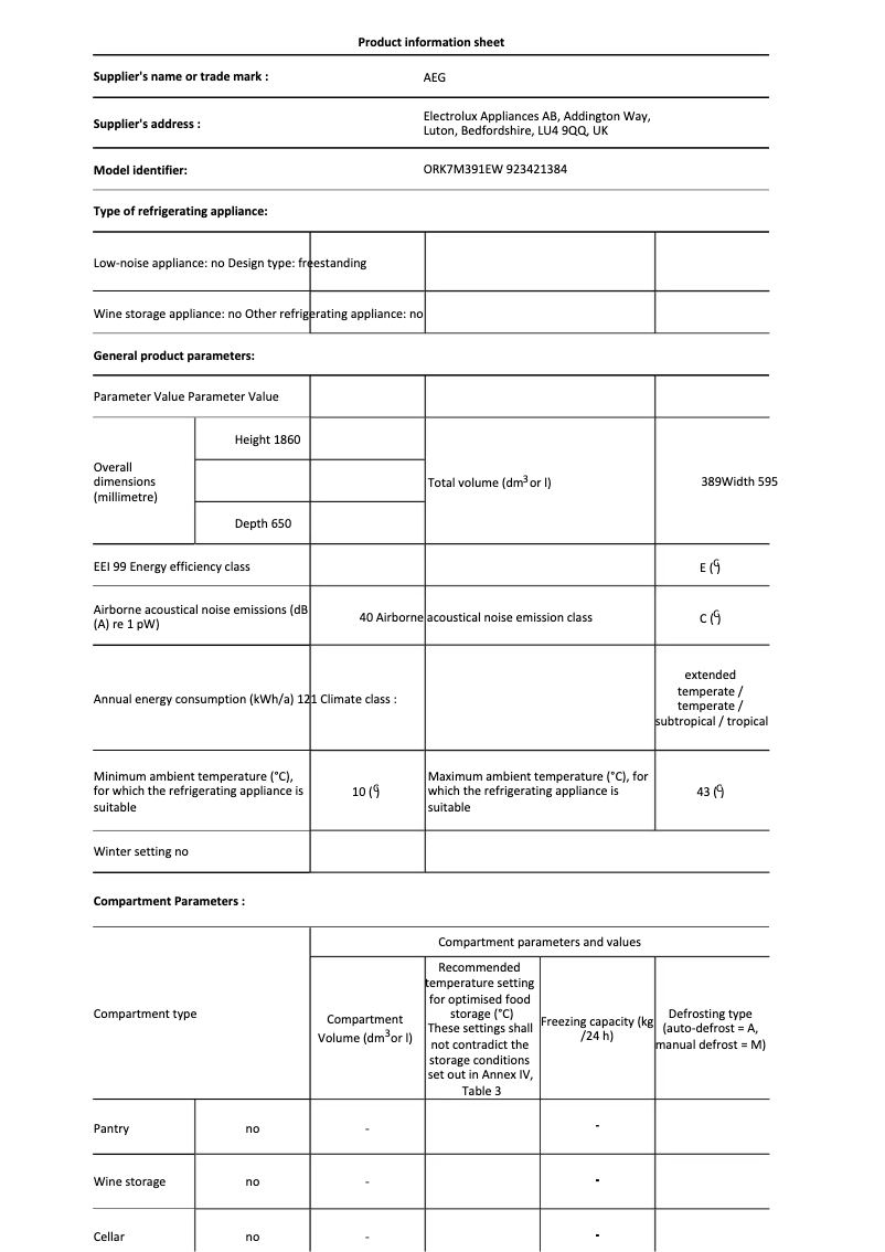 Page 1 de la notice Fiche technique AEG ORK7M391EW