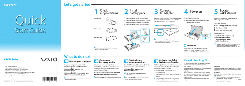Page 1 de la notice Guide d'installation Sony Vaio VPCF244