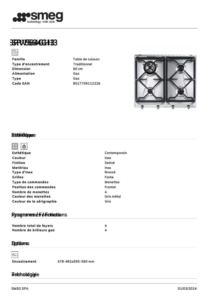 Page 1 de la notice Fiche technique Smeg SRV564GH3