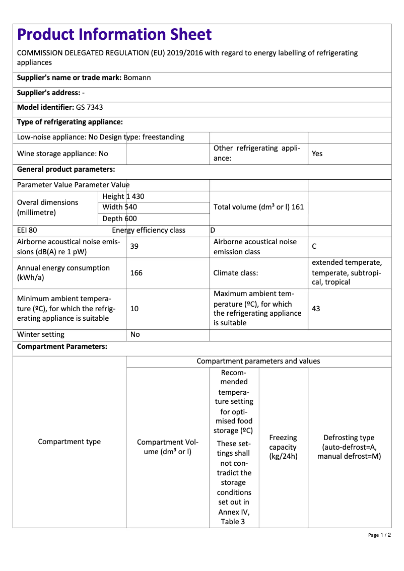 Page 1 de la notice Fiche technique Bomann GS 7343