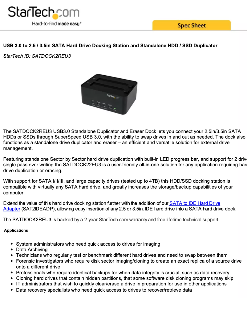 Page n°1 - Brochure StarTech.com SATDOCK2REU3