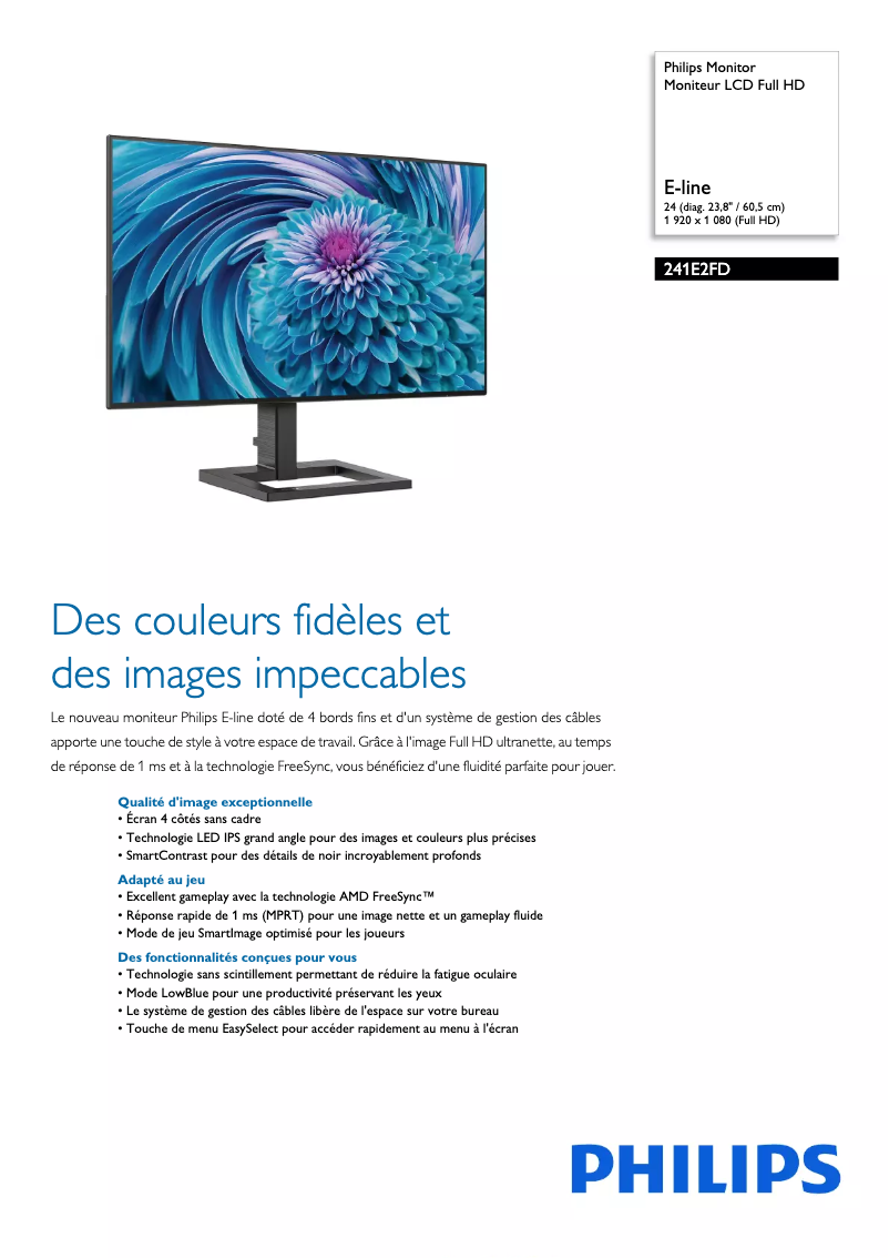 Page 1 de la notice Fiche technique Philips E Line 241E2FD