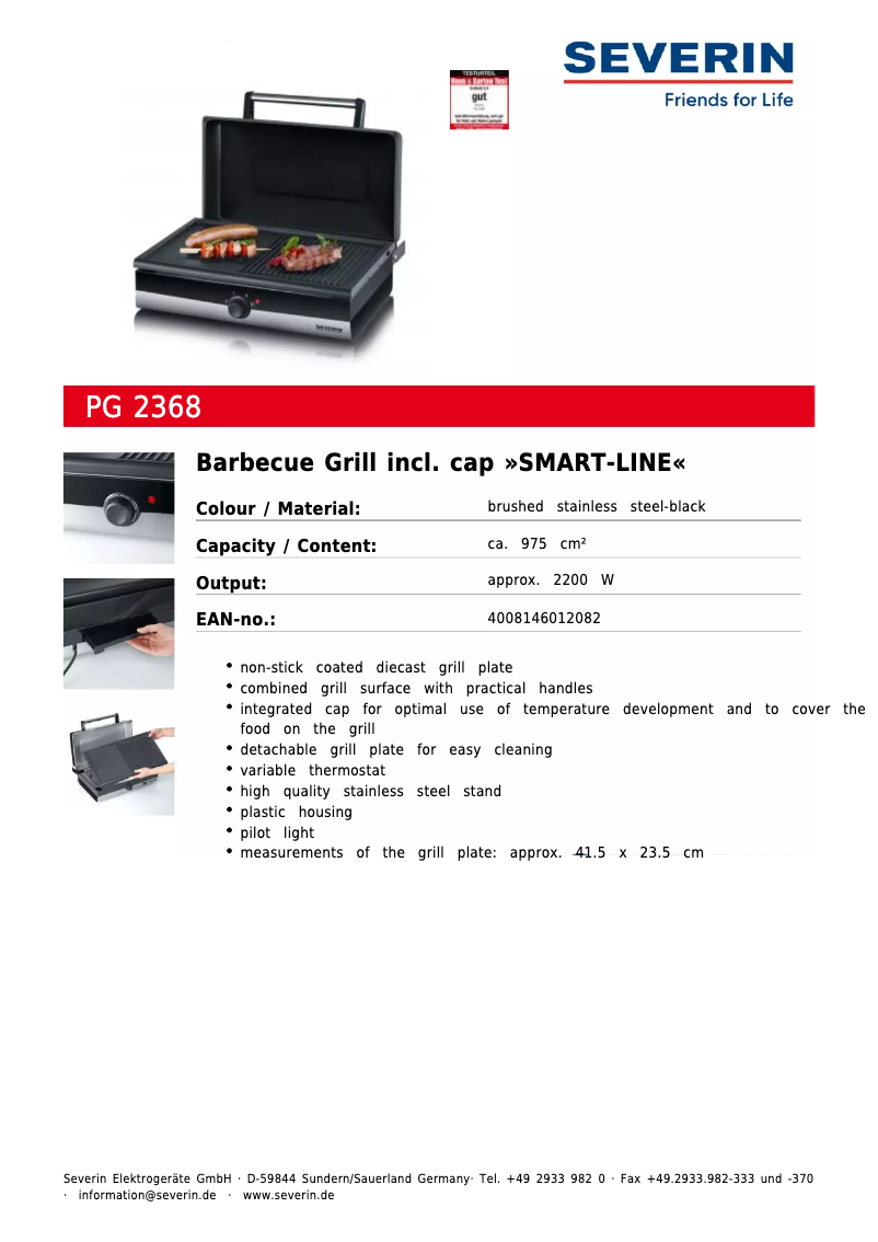 Page 1 de la notice Fiche technique Severin PG 2368
