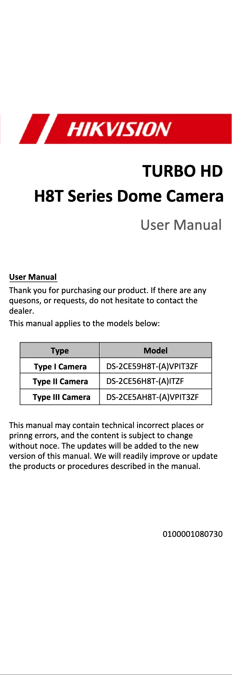 Page 1 de la notice Mode d'emploi Hikvision DS-2CE5AH8T-AVPIT3ZF