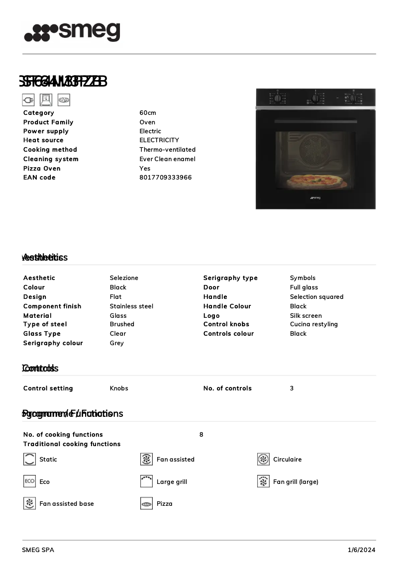 Page 1 de la notice Fiche technique Smeg SF64M3PZB