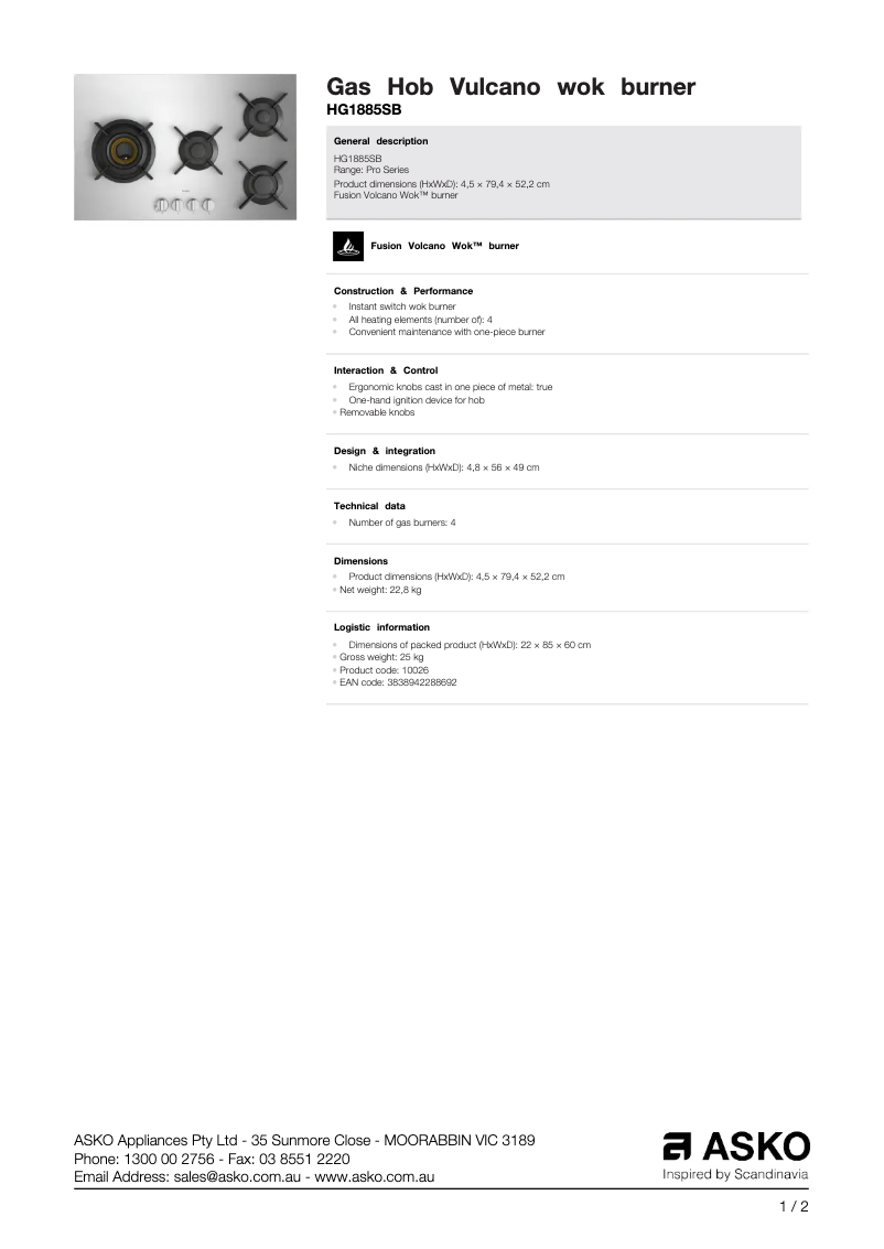 Page 1 de la notice Fiche technique Asko HG 1885 SB