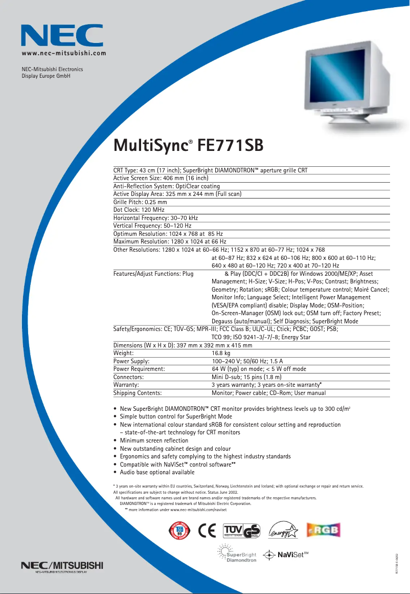 Imagen de la primera página del manual del dispositivo MultiSync FE771SB
