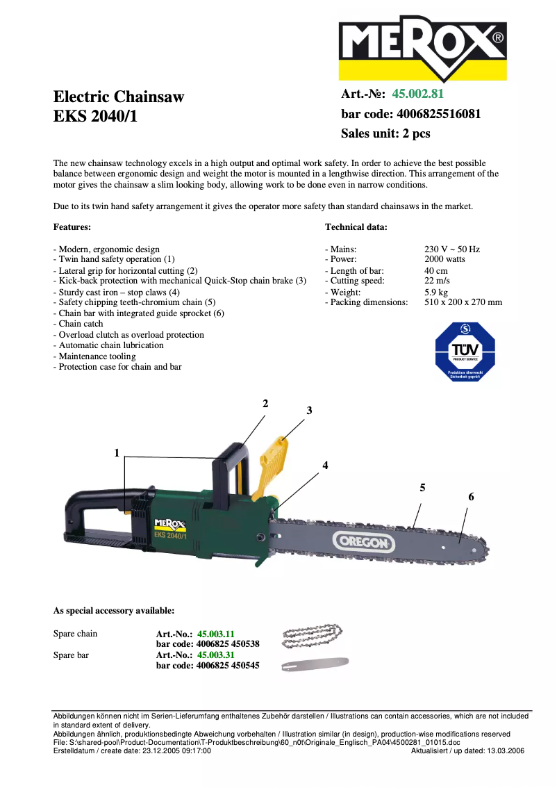 Page 1 de la notice Fiche technique Merox EKS 2040/1