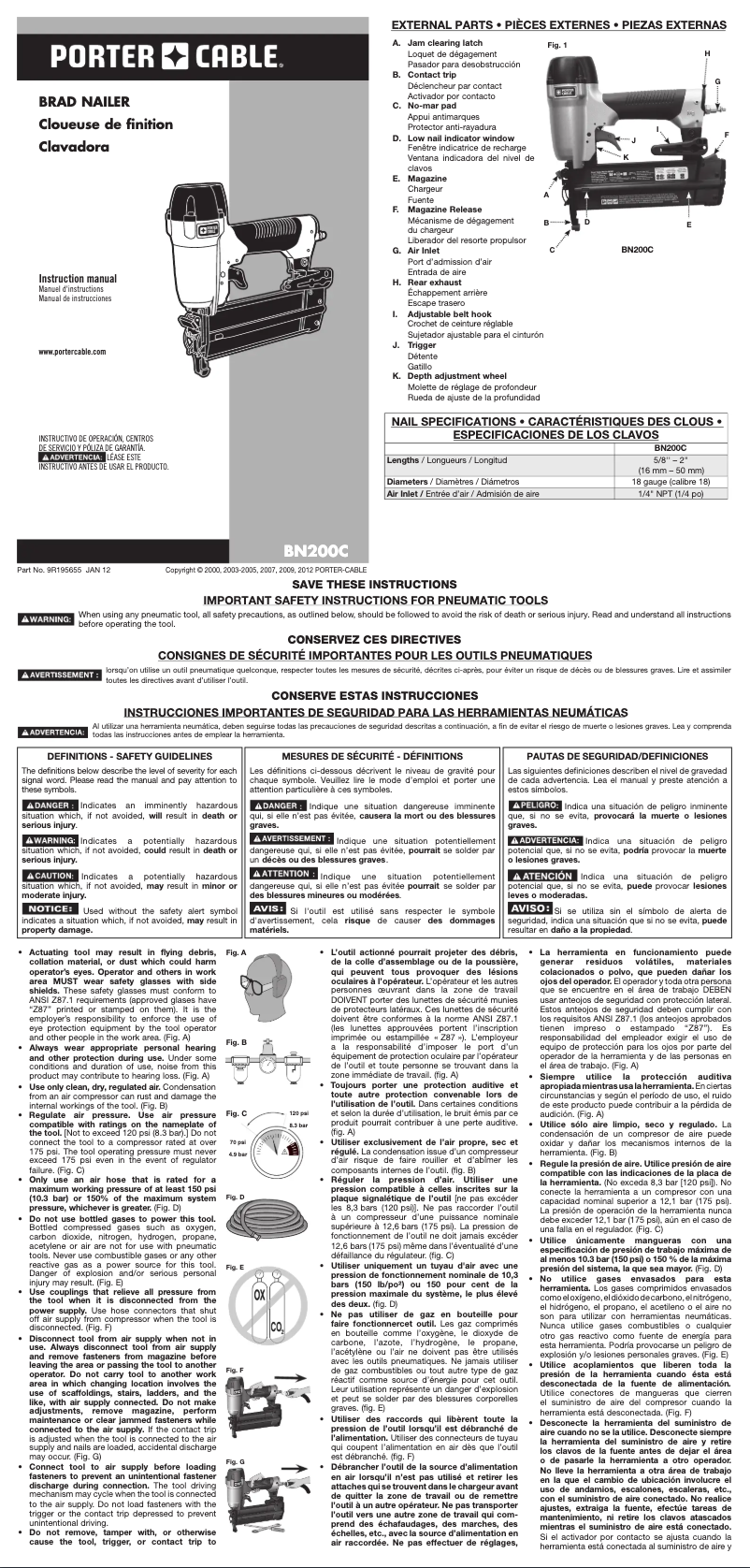 Page 1 de la notice Manuel utilisateur Porter-Cable BN200C