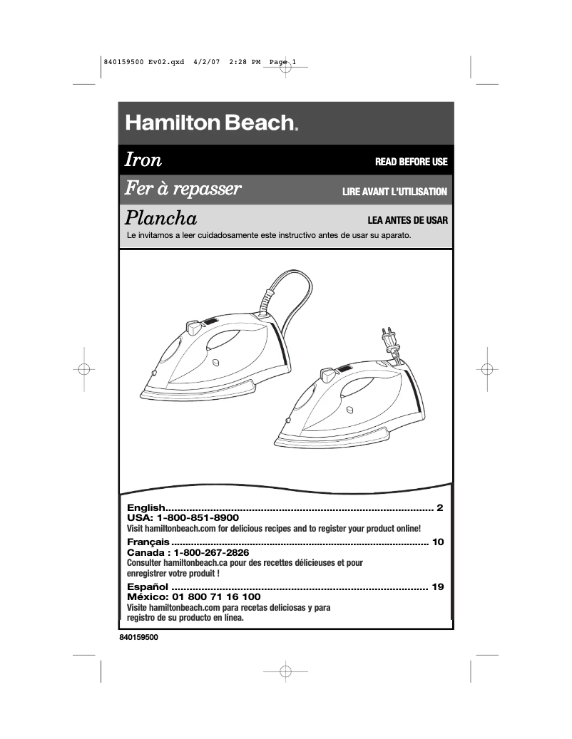 Page 1 de la notice Manuel utilisateur Hamilton Beach 14890