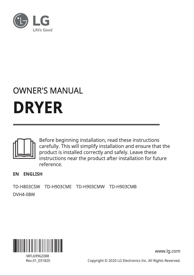 Page 1 de la notice Manuel utilisateur LG TD-H803CSW