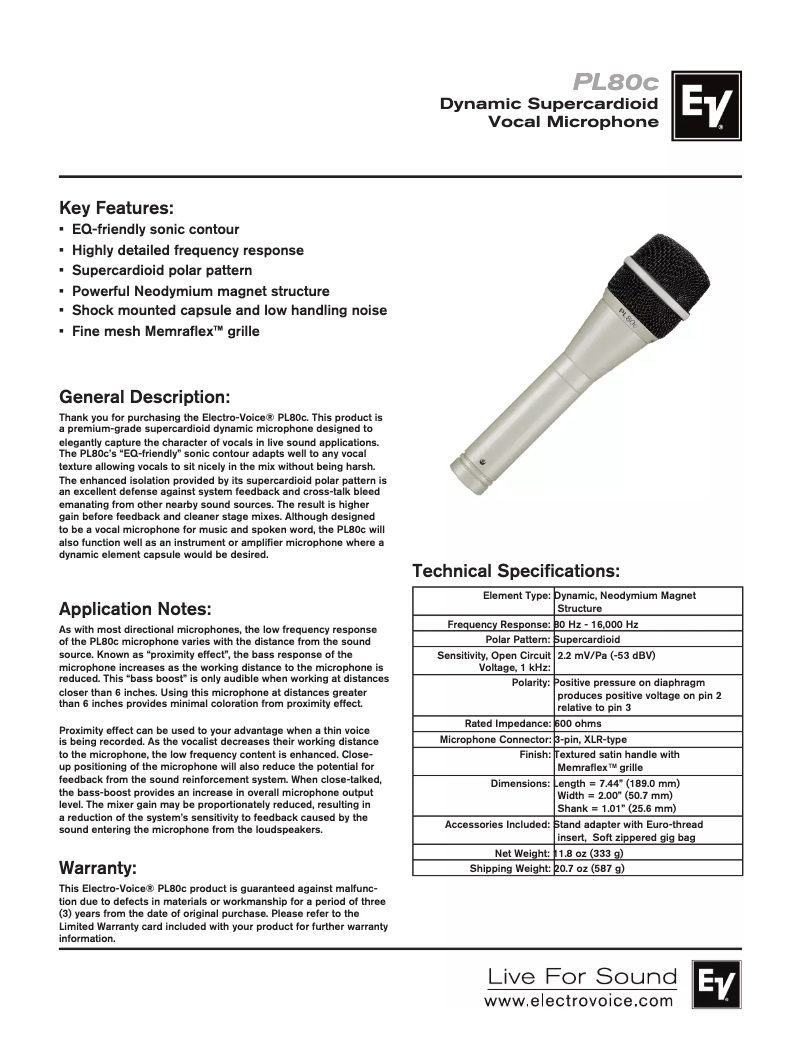 Page n°1 - Manuel utilisateur Electro-Voice PL80c