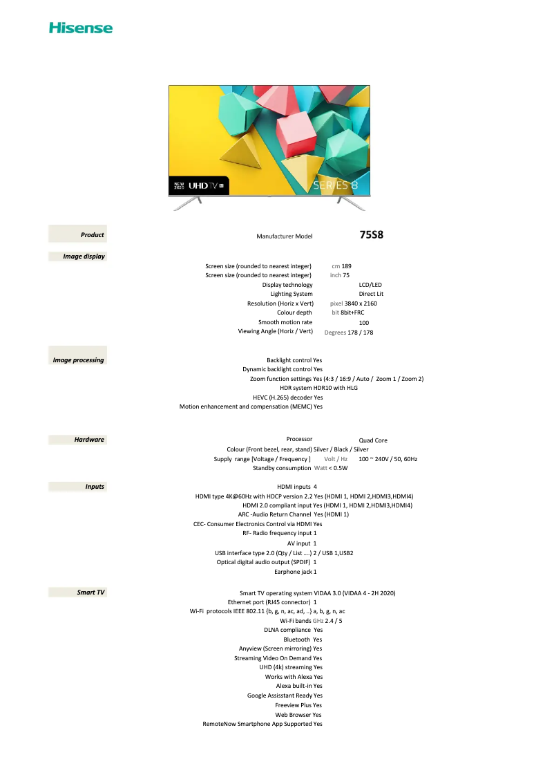 Page 1 de la notice Fiche technique Hisense Series 8 75S8