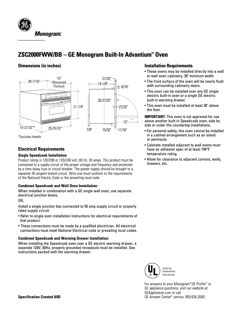 Page n°1 - Fiche technique GE ZSC2000FBB