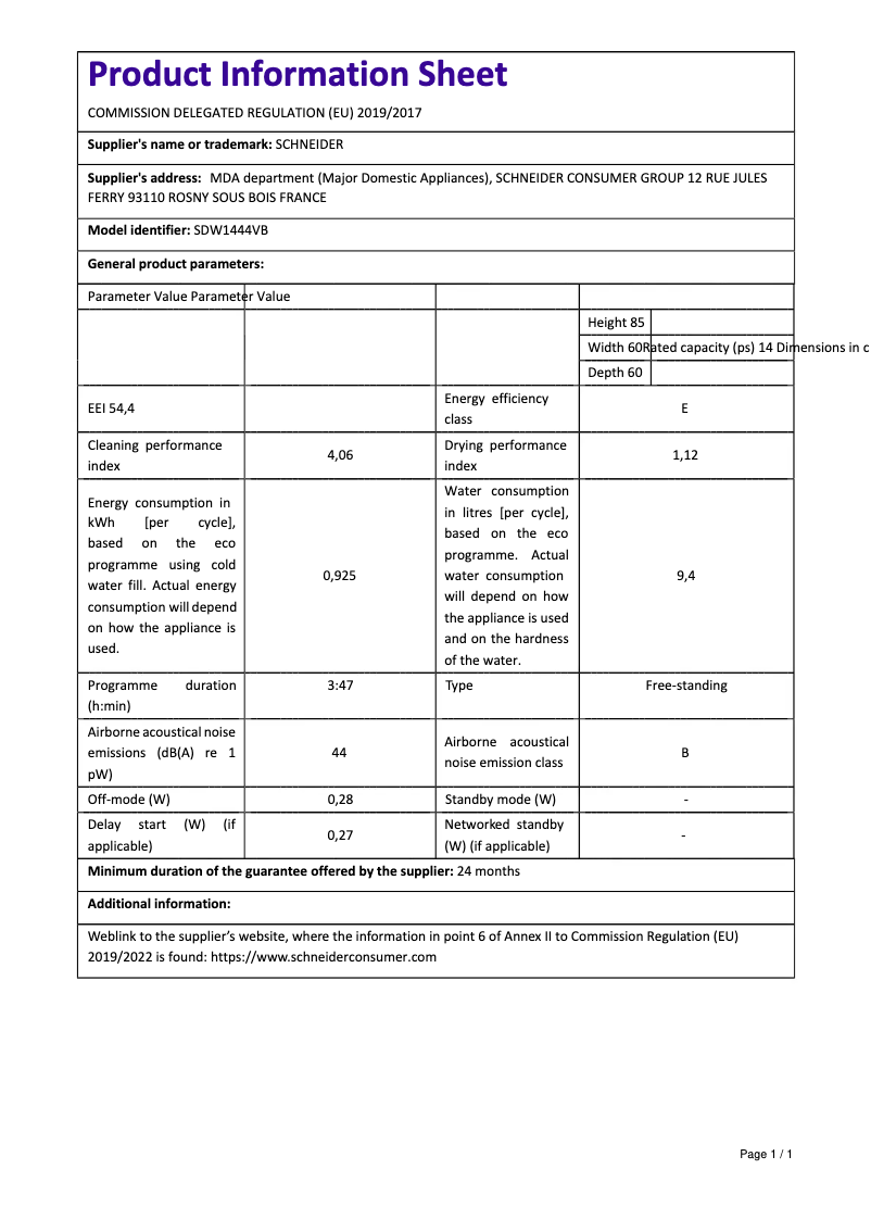 Image de la première page du manuel de l'appareil SDW1444V