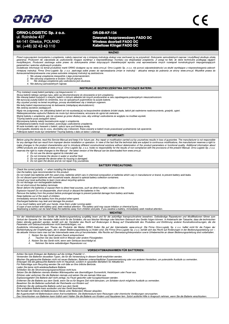 Image de la première page du manuel de l'appareil OR-DB-KF-134