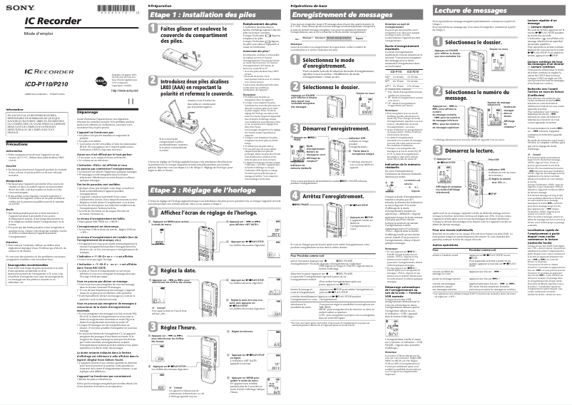 Page 1 de la notice Manuel utilisateur Sony ICD-P110