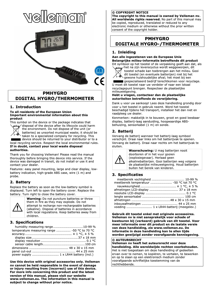 Page n°1 - Manuel utilisateur Velleman PMHYGRO