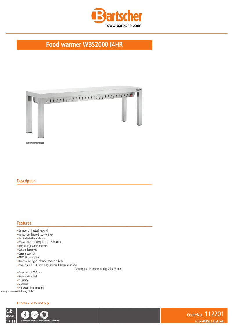 Page 1 de la notice Fiche technique Bartscher WBS2000 I4HR