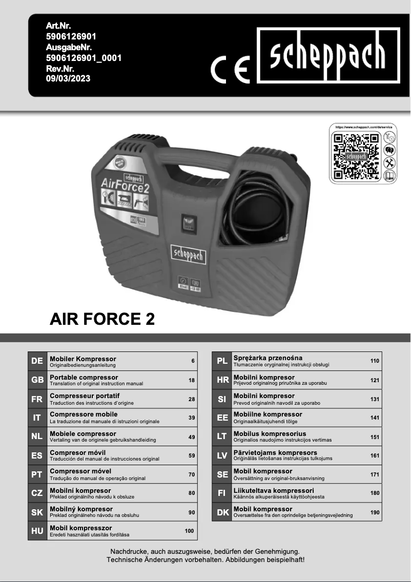 Page 1 de la notice Manuel utilisateur Scheppach Air Force