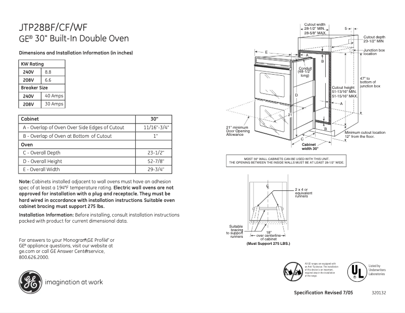 Page 1 de la notice Fiche technique GE JTP28WFWW
