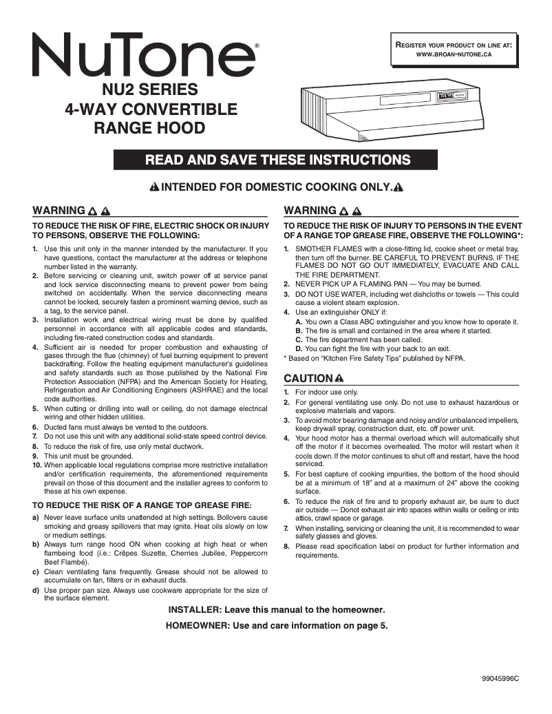 Page 1 de la notice Guide d'installation NuTone NU224WW