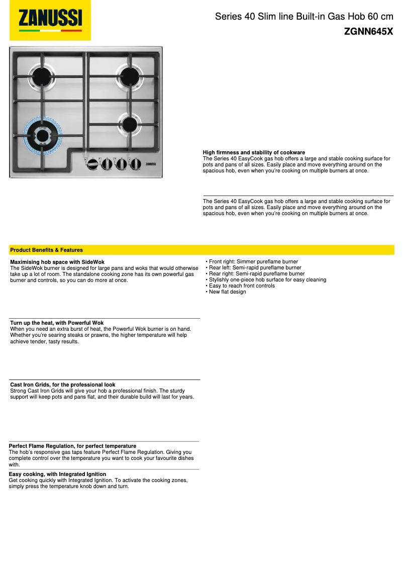 Page 1 de la notice Fiche technique Zanussi ZGNN645X