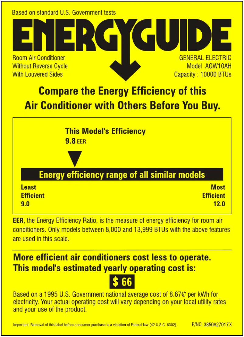 Page 1 de la notice Label énergétique GE AGW10AH